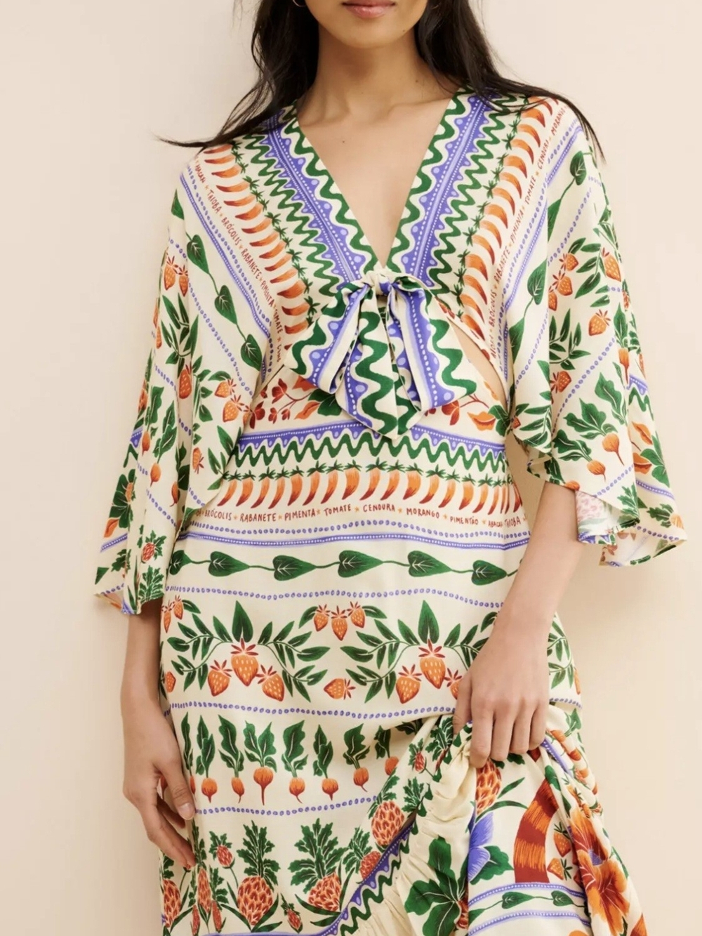 FARM Rio Cream Maxi Dress with Green, Orange and Purple Garden Print
